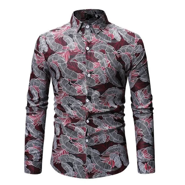 Casual Long Sleeve Hawaiian Leaf Print Men Shirt