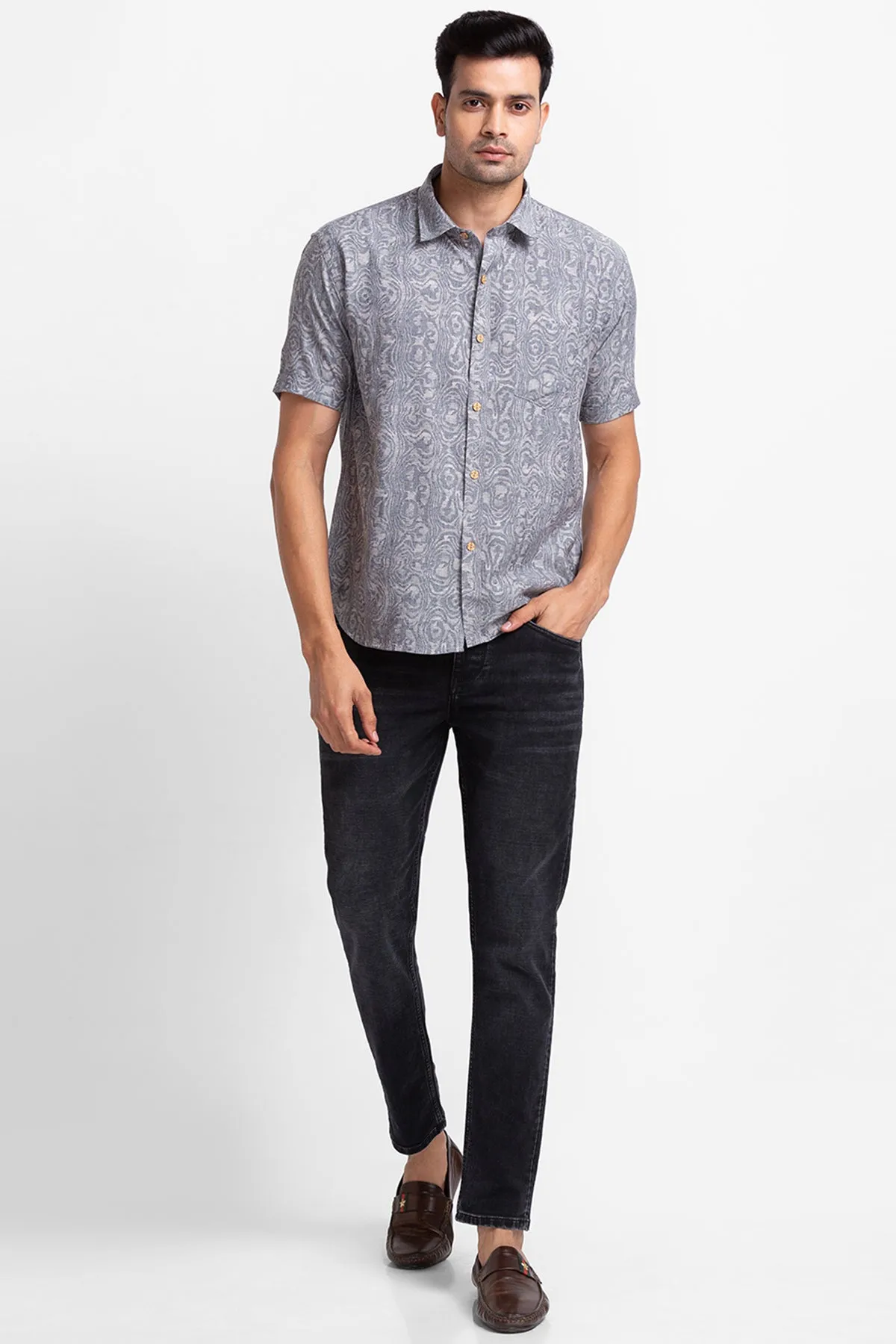 Charcoal Denim Look Digital Print Shirt