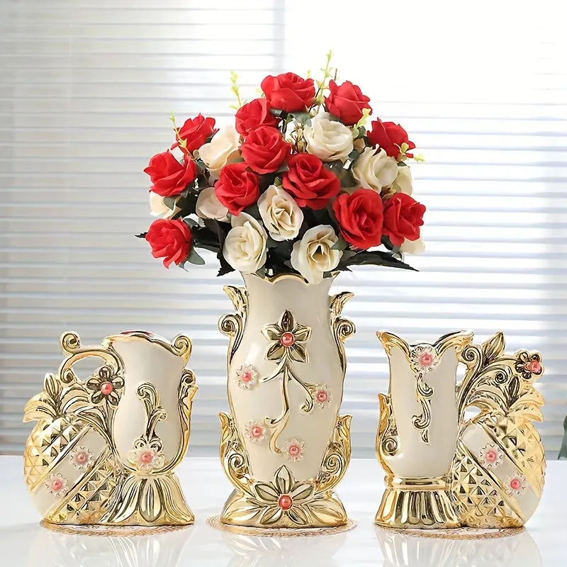 Elegant Faux Rose Bouquet with 8" Golden Ceramic Vase & Mat - Perfect for Home, Office, Weddings & Events Decor