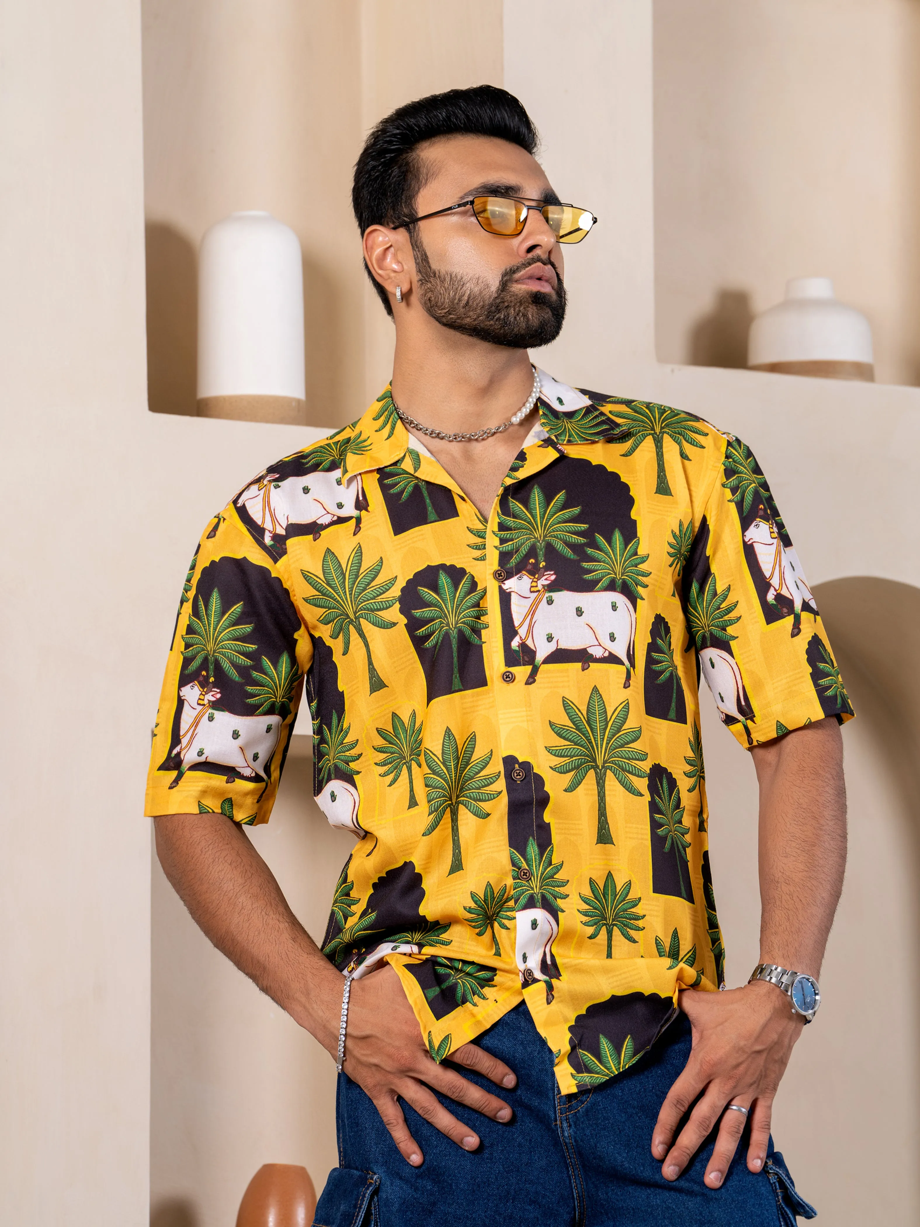 Firangi Yarn Cuban Collar Fusion Printed Oversize Shirt - Pichwai Yellow