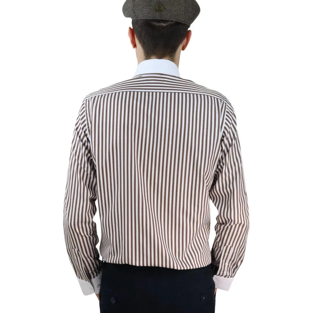 Mens Penny Button Shirt Round Collar Peaky Blinders Stripe Regular Fit Classic